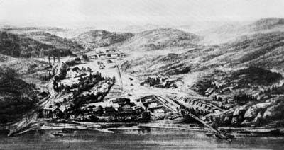 Kupferstich der ersten Fabrikanlage (um 1880)